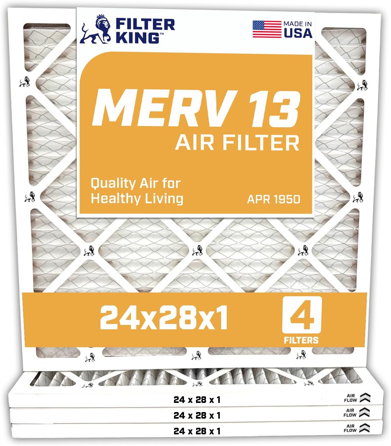 Filter King 24x28x1 Air Filter | 4-PACK | MERV 13 HVAC Pleated A/C Furnace Filters | MADE IN USA | Actual Size: 23.5 x 27.5 x .75"