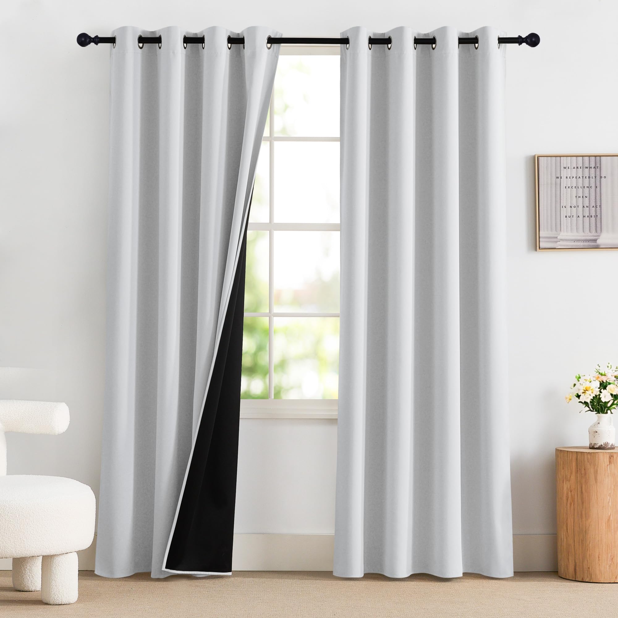 PONY DANCE Cortinas Salon Opacas 2 Piezas,Cortinas Blackout Termicas Aislantes para Dormotorio/Cocina con Ojales,140x220cm,Blanco Gris Global Recycled Standard OEKO-TEX STANDARD 100 Global Recycled Standard Global Recycled Standard