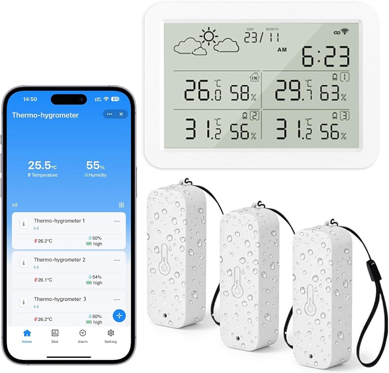 WIOONI WLAN Thermometer Hygrometer Innen Außen mit LCD-Display, WiFi Temperatursensor mit App, Tuya/Smart Life Kompatibel für Weinkeller, Gewächshaus, 3 Sensoren und 1 Basisstation