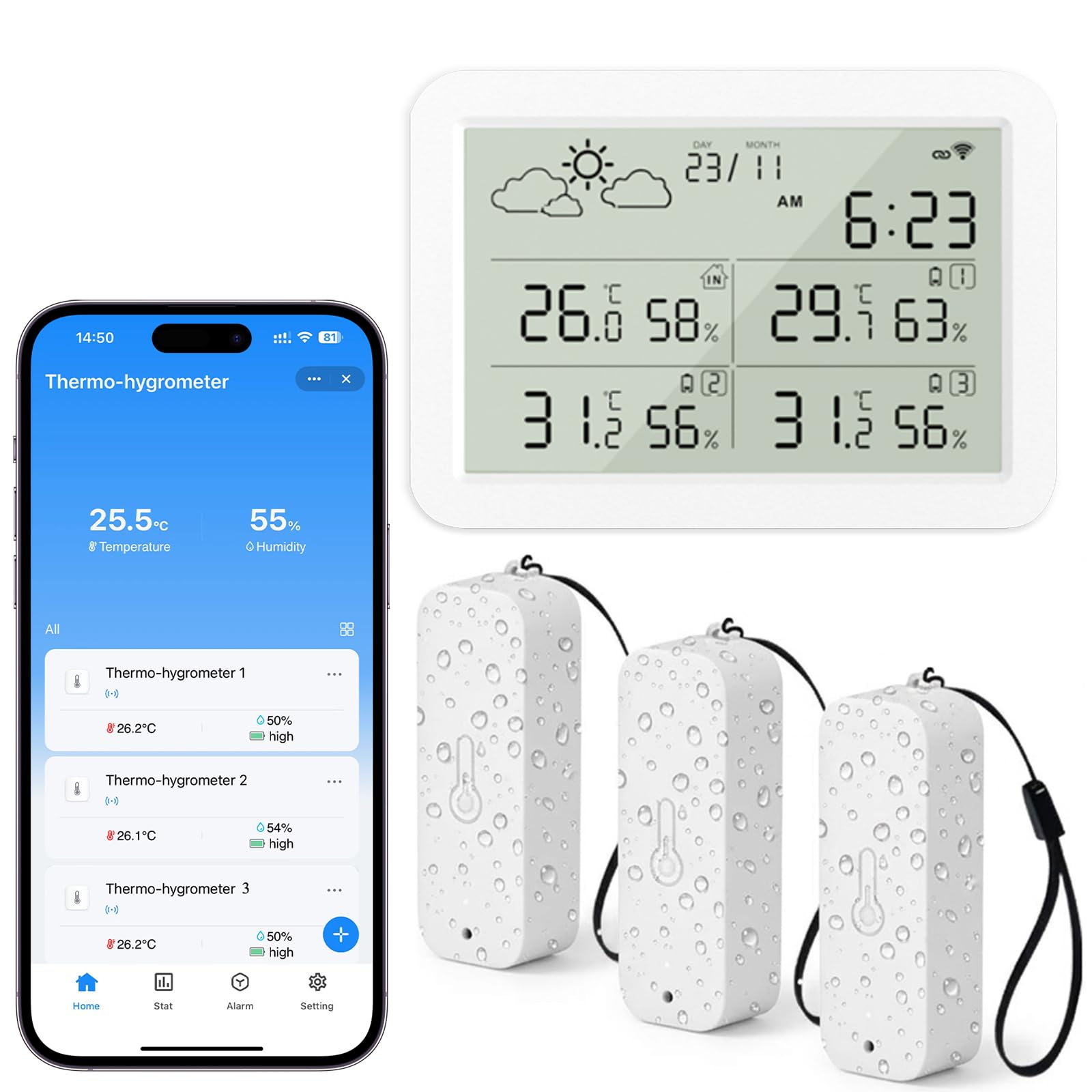 WIOONI WLAN Thermometer Hygrometer Innen Außen mit LCD-Display, WiFi Temperatursensor mit App, Tuya/Smart Life Kompatibel für Weinkeller, Gewächshaus, 3 Sensoren und 1 Basisstation