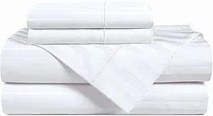 Casa Platino 100% Egyptian Cotton Sheets Twin XL Size Set - 4 Pieces - Damask Stripe- Ultra Smooth Sateen Weave Bed Sheets with 15" Deep Pockets - White Sheet Set