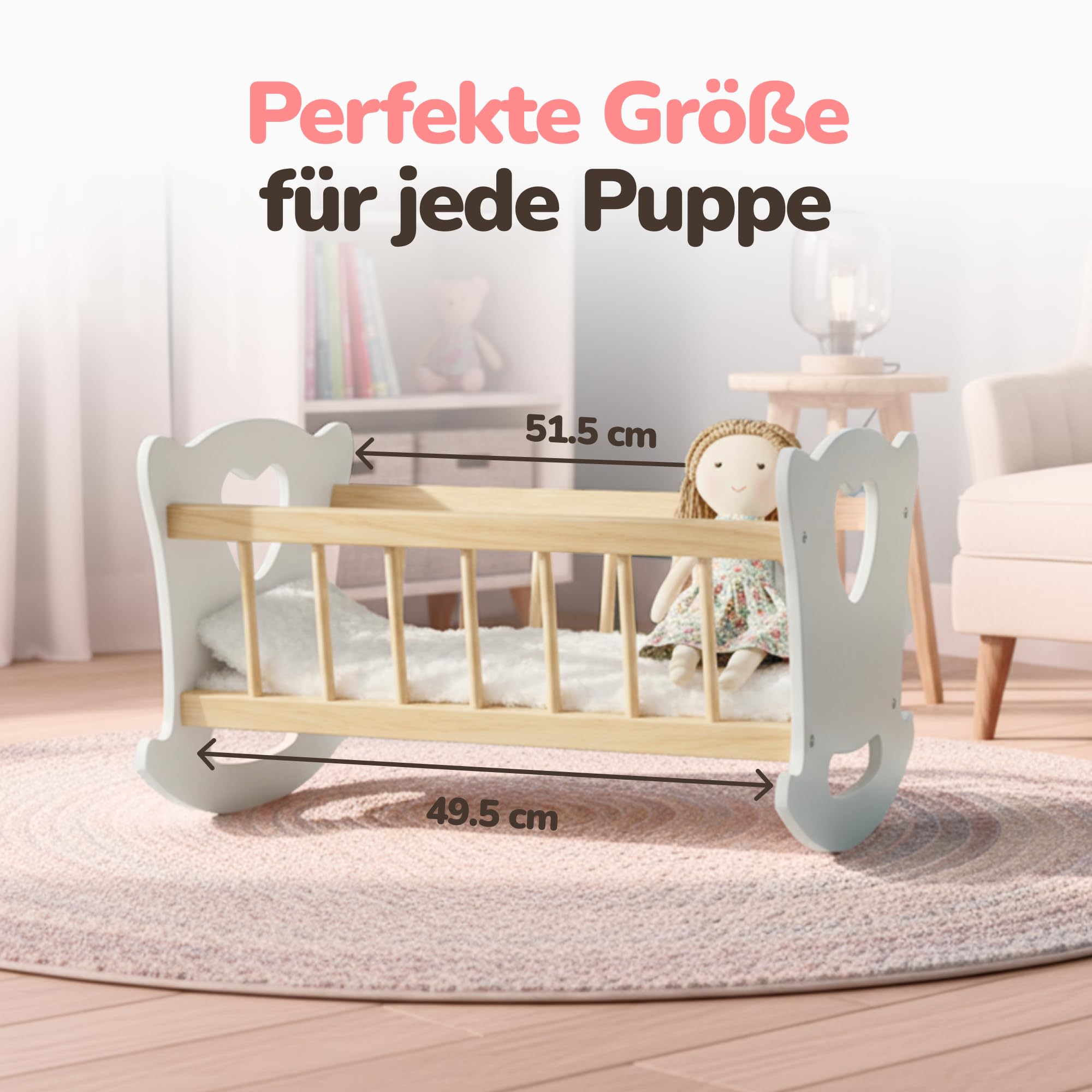Kinderplay Łóżeczko dla Lalki, Kołyska dla lalki – Zestaw Kołyska plus Kołderka, Poduszeczka oraz Prześcieradło, dla laki o max. długości 49.5 cm., model GS2105 (GS2105)