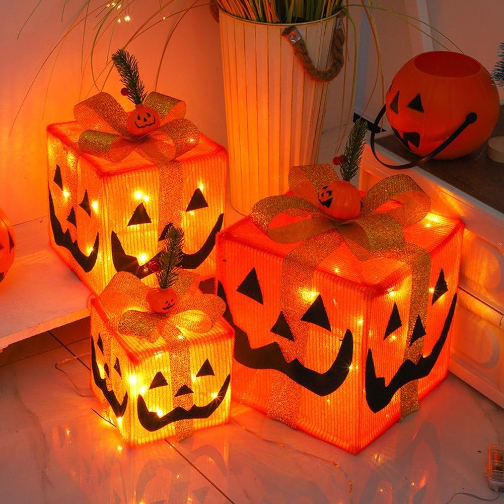 Confezione 3 Decorazioni Luminose a Forma di Zucca di Halloween, Scatola Regalo -o-Lantern con LED, Decorazioni di Halloween, per Casa, Il Giardino E Le Feste.