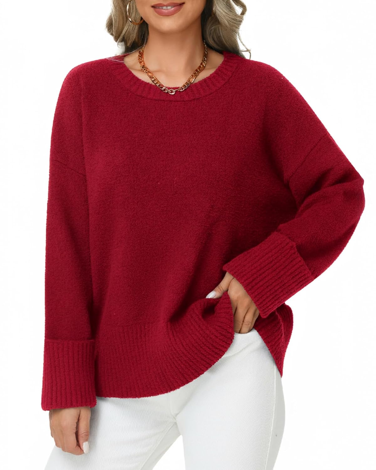 Women Oversized Sweater Casual Fuzzy Chunky Knit Pullover Long Sleeve Crew Neck Loose Sweater Warm Fall Winter Top