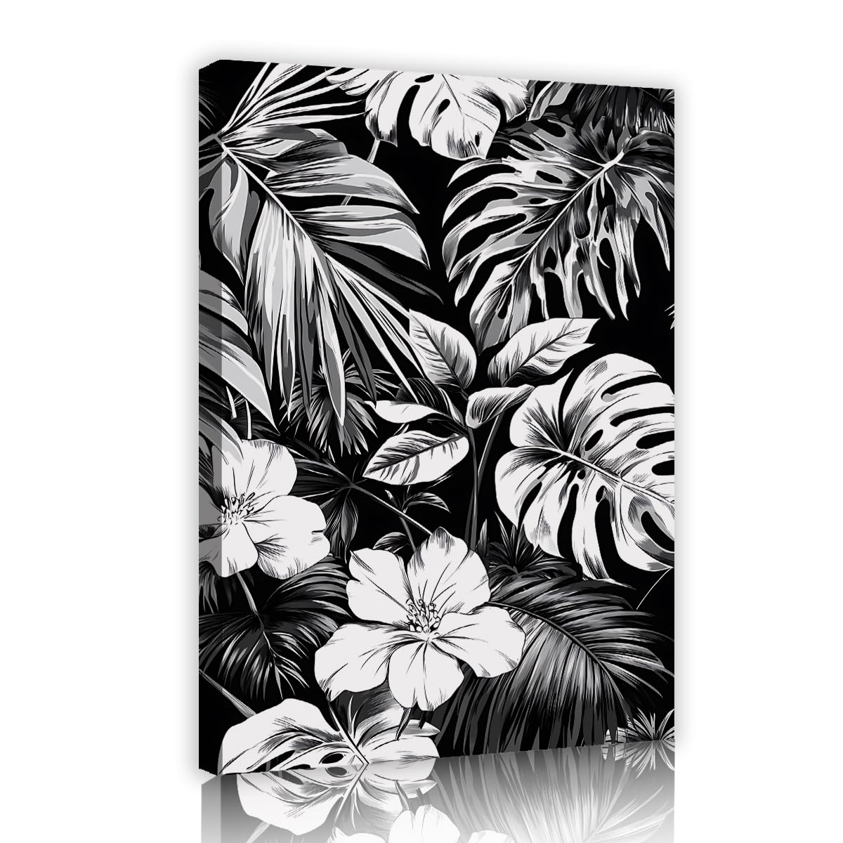 CHERHERART Bold Boho Botanical Wall Decor Black White Canvas Poster Tropical Monstera Palm Leaf Canvas Wall Art for Living Room Home Office 55x85cm Innerframe