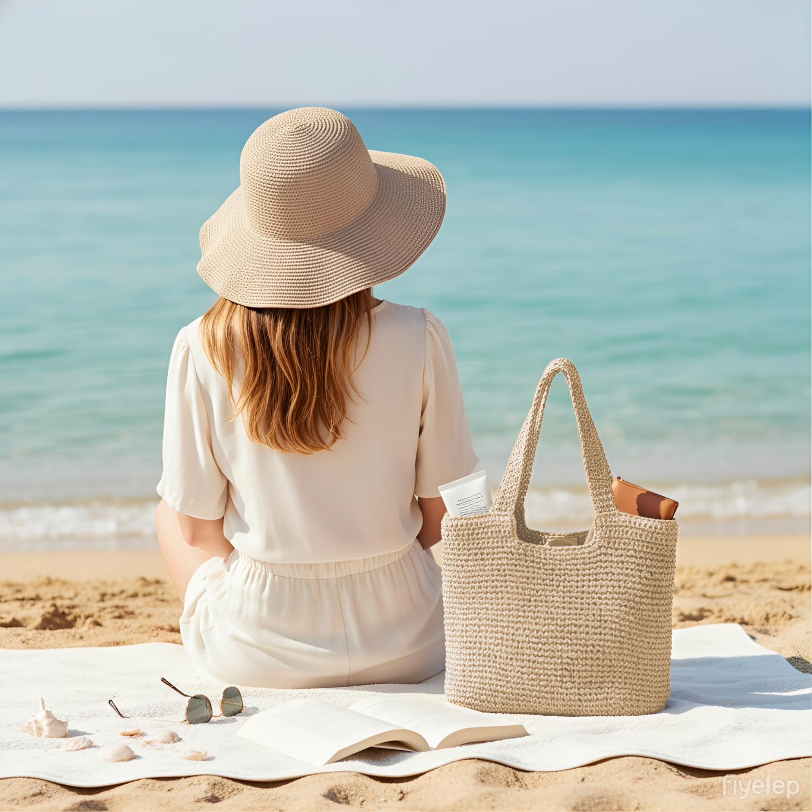 Set di cappello di paglia e borsa da donna, UPF 50+, cappello estivo a tesa larga, con borsa da spiaggia, pieghevole, set da viaggio per le vacanze