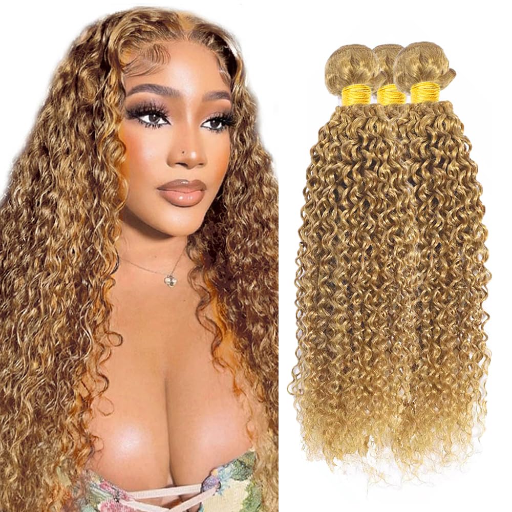 AiPliantfis Water Wave Human Hair Bundles #27 Honey Blonde 28 30 32 Inch Weave 3 Bundles Total 300g Unprocessed Virgin Glueless Human Hair Extension Dark Blonde Color