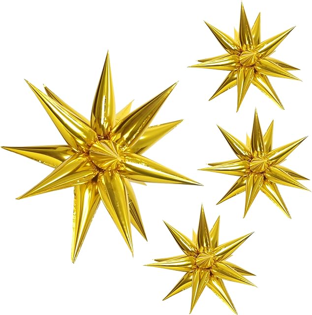 Teselife 50Pcs Gold Explosion Star Foil Cone Balloons, Large Starburst Point Star Mylar Balloon for Christmas Party Supplies New Year's Eve Party Decorations Birthday Baby Shower Wedding Photo Props