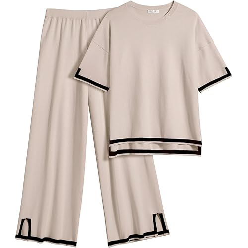 Ekouaer Lounge Set for Women Travel Outfits 2 Piece Sets Short Sleeve Sweater Top Wide Leg Long Pants Loungewear