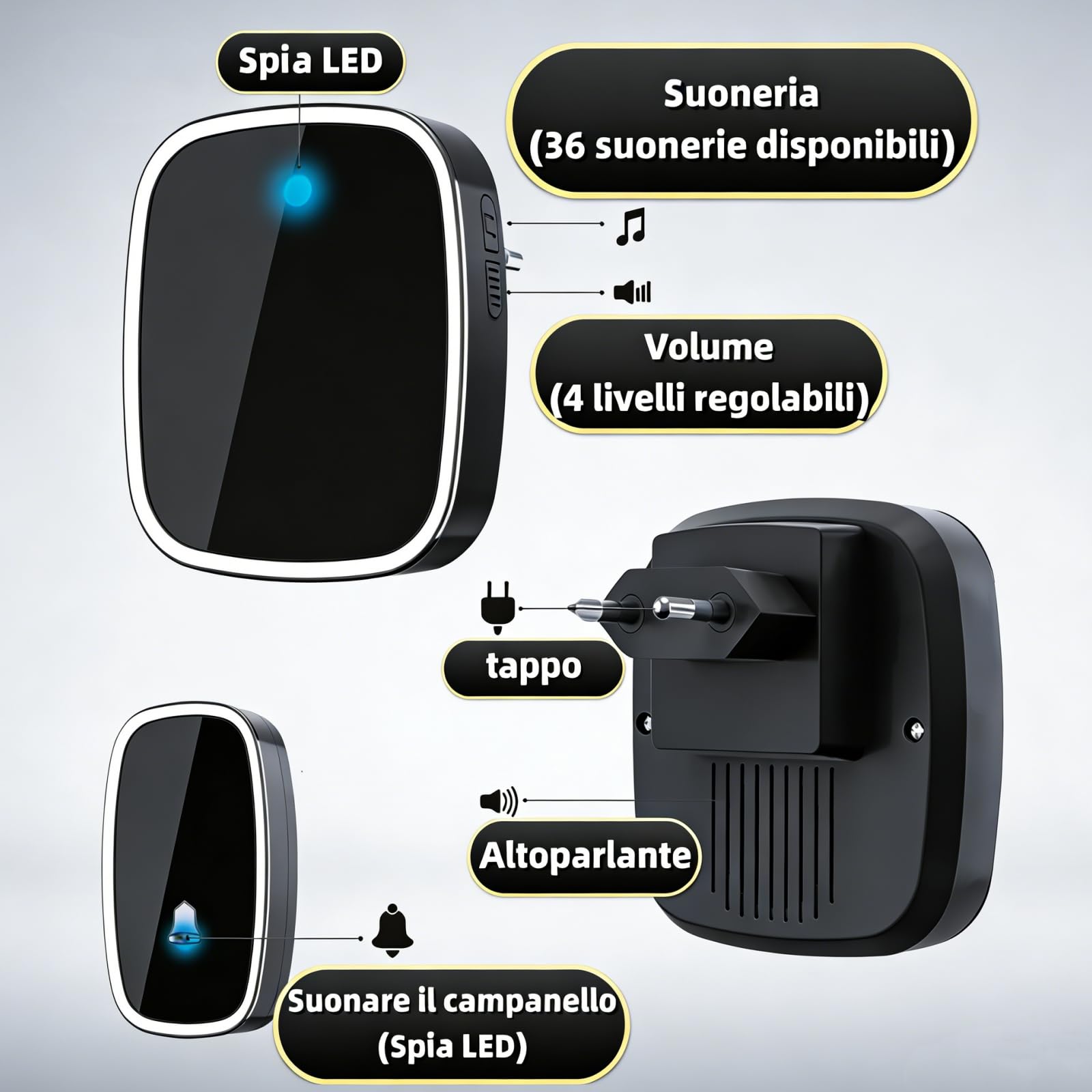 Campanello Senza Fili da Esterno Impermeabile IP44-1 Trasmettitore + 1 Ricevitore, Portata 300M, 36 Suonerie, 5 Livelli Volume, LED Blù per Casa, Ufficio - 4