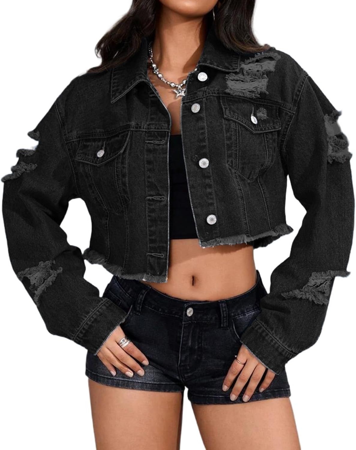 DvaeMalligo Women's Cropped Denim Jacket Ripped Button Down Long Sleeve Raw Hem Distressed Short Jean Jackets