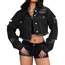 CaniBtr Womens Cropped Jean Jacket Ripped Long Sleeve Button Down Raw Hem Distressed Short Denim Jackets