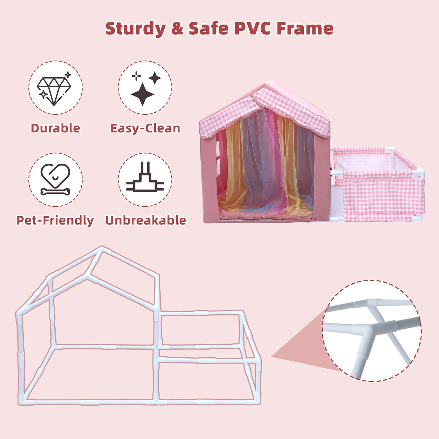 Dog House Indoor with Frame for Small to Medium Dogs, Cute Dog Tent Bed with Play Area, Princess Cat House with Soft Plush Cushion, 44" L x 26.8" W x 25" H, Pink