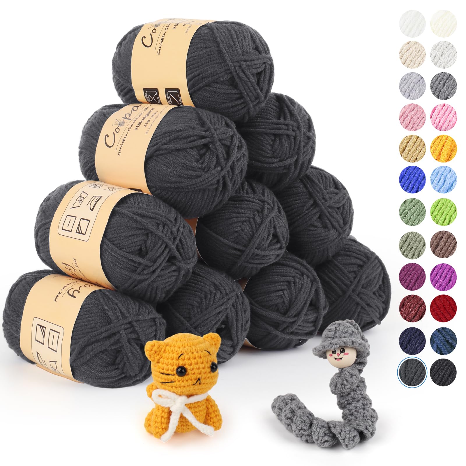 Coopay Wolle zum Häkeln, 450g (10x45g) Weiches Häkelgarn, 5 Faiding Wolle zum Stricken, Babywolle zum Häkeln für Anfänger, Super Weich Häkelgarn Babywolle für Häkel- und Strickprojekt - Anthrazitgrau