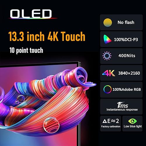Miniatura 3 de Bimawen Monitor portátil de pantalla táctil OLED 4K de 13.3 pulgadas, monitor de viaje ultra delgado con soporte integrado, 400 liendres, 0.157 in