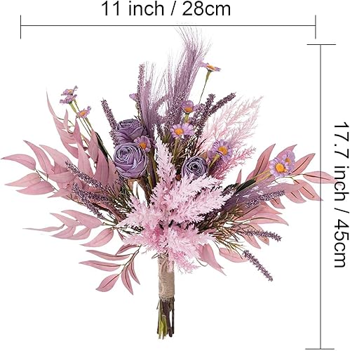 Miniatura 2 de Emivery Ramo de flores artificiales, arreglos florales de seda morada, ramo de hierba de pampa sintética, centros de mesa florales mixtos para
