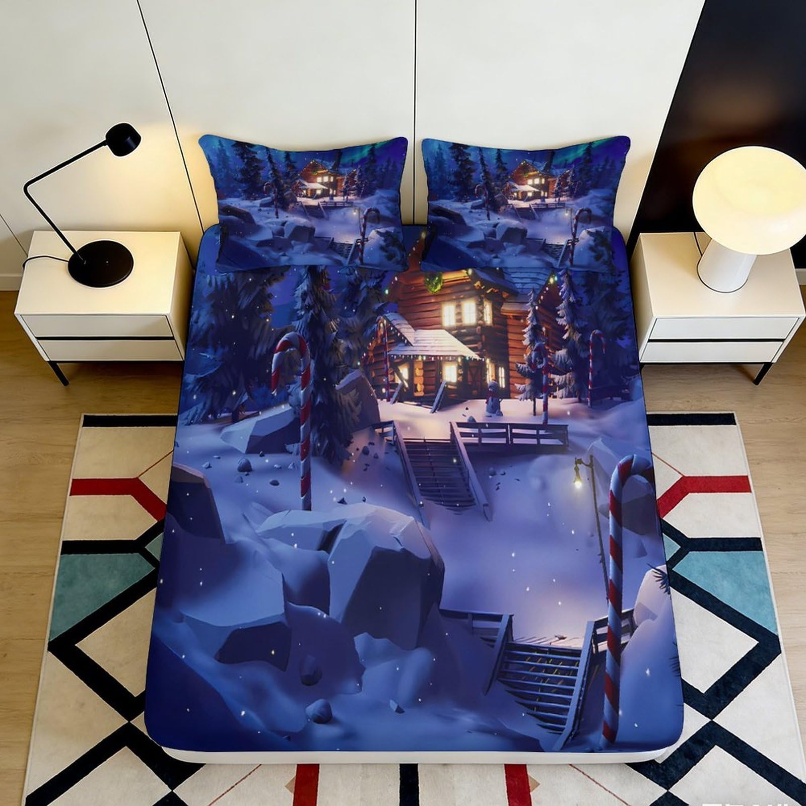 3D Printed Snowy Landscape Fitted Sheet Microfiber Deep Pocket Bedroom Bedding Set Snow Scene Mattress Fitted Cover Adult Teen 200x200x25cm
