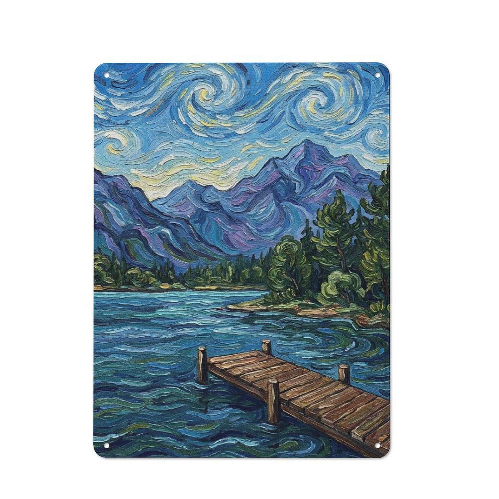 Junmoney Style-1 For Café Or Restaurant, Starry Night Inspired Lake Landscape Retro Metal Sign 40X30cm, Gift For Café Owners And Decorators During The Christmas Season