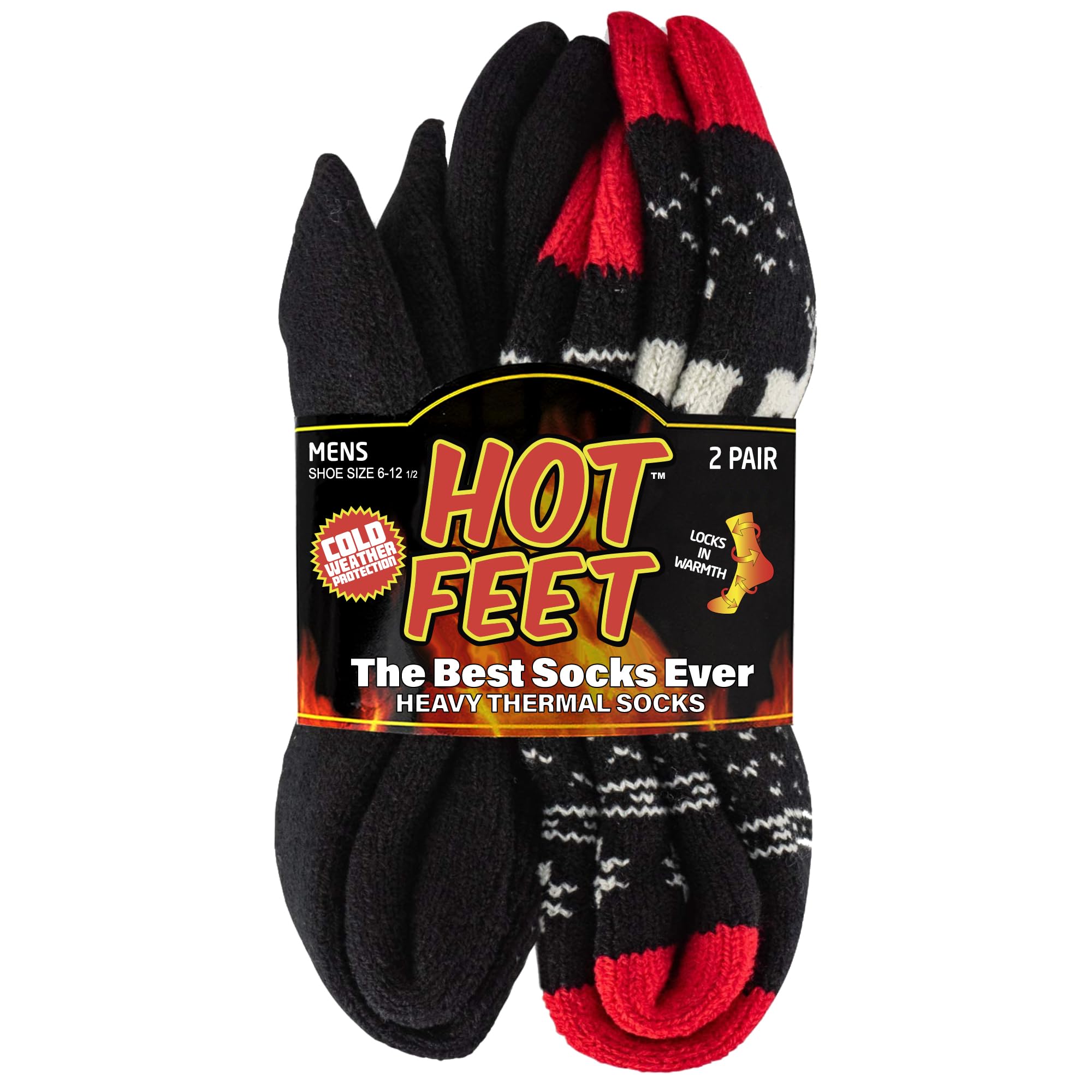 HOT FEET Cozy, Heated Thermal Socks for Men, Warm, Patterned Crew Socks, USA Men's Sock Sizes 6 12.5, (Deer Black, 2)