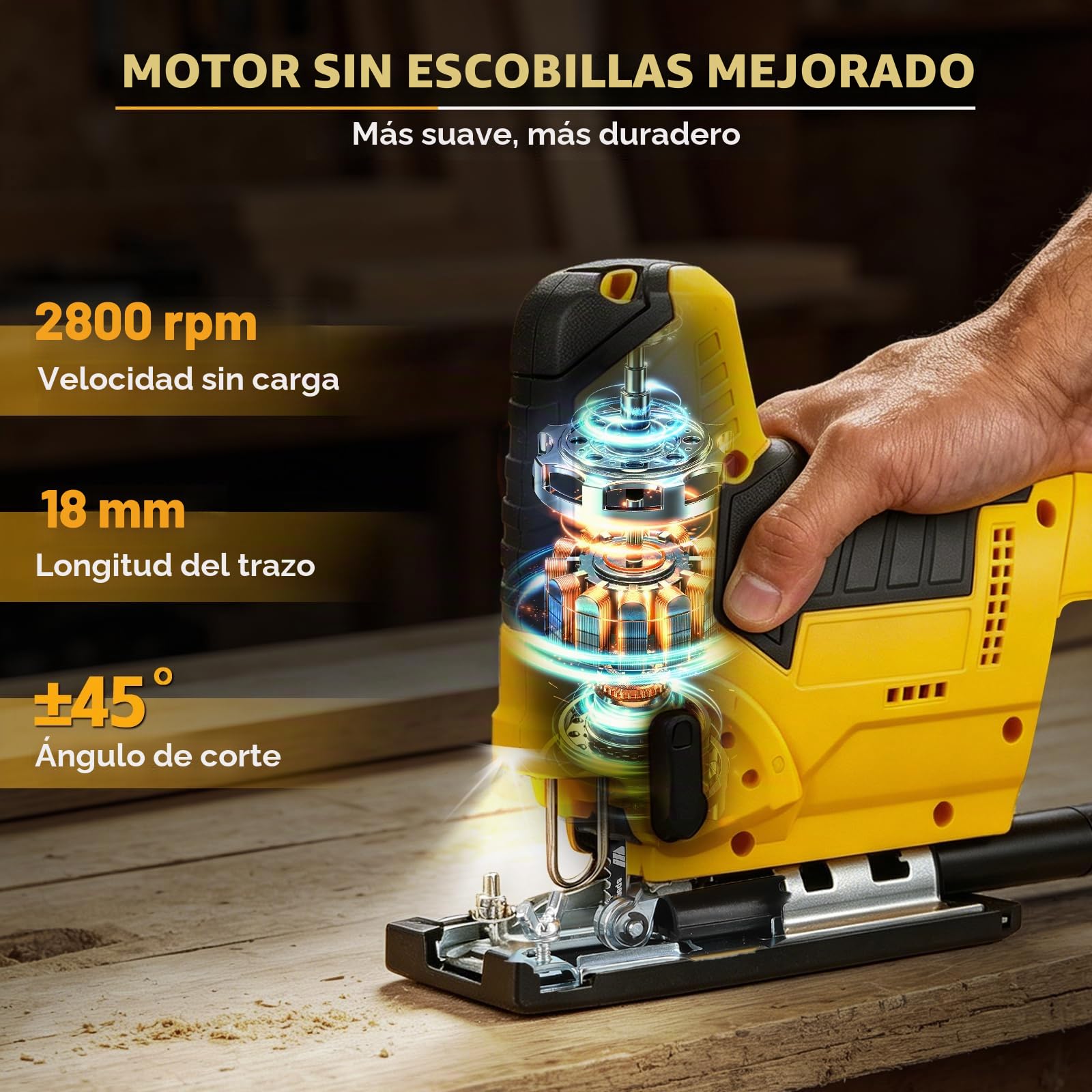 Serra de calar inalámbrica, compatible con baterías DeWaIt 18V/20V, 2800 rpm, motor sin escobillas, 7 ajustes de velocidad, corte inclinado ±45°, carrera de 18 mm, adecuada para madera, metal y PVC