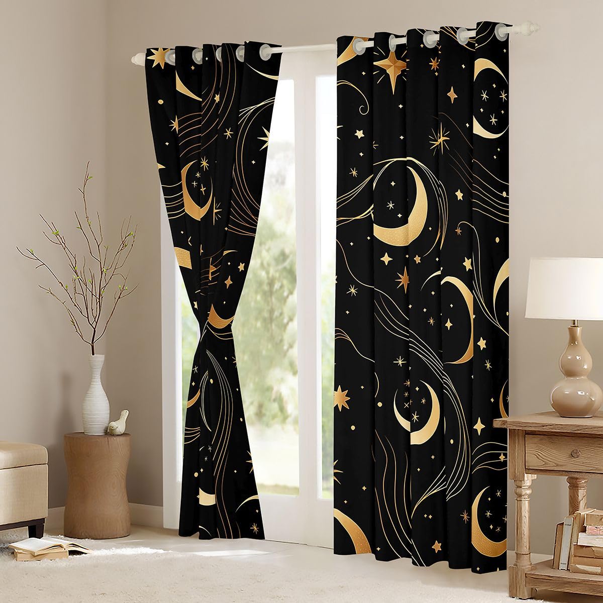 Homewish Złote gwiazdki, księżyc, zasłony okienne, 132 x 160 cm, 2 panele zestawy - nowoczesne geometryczne zasłony zaciemniające w paski, minimalistyczne estetyczne zasłony okienne, mistyczna