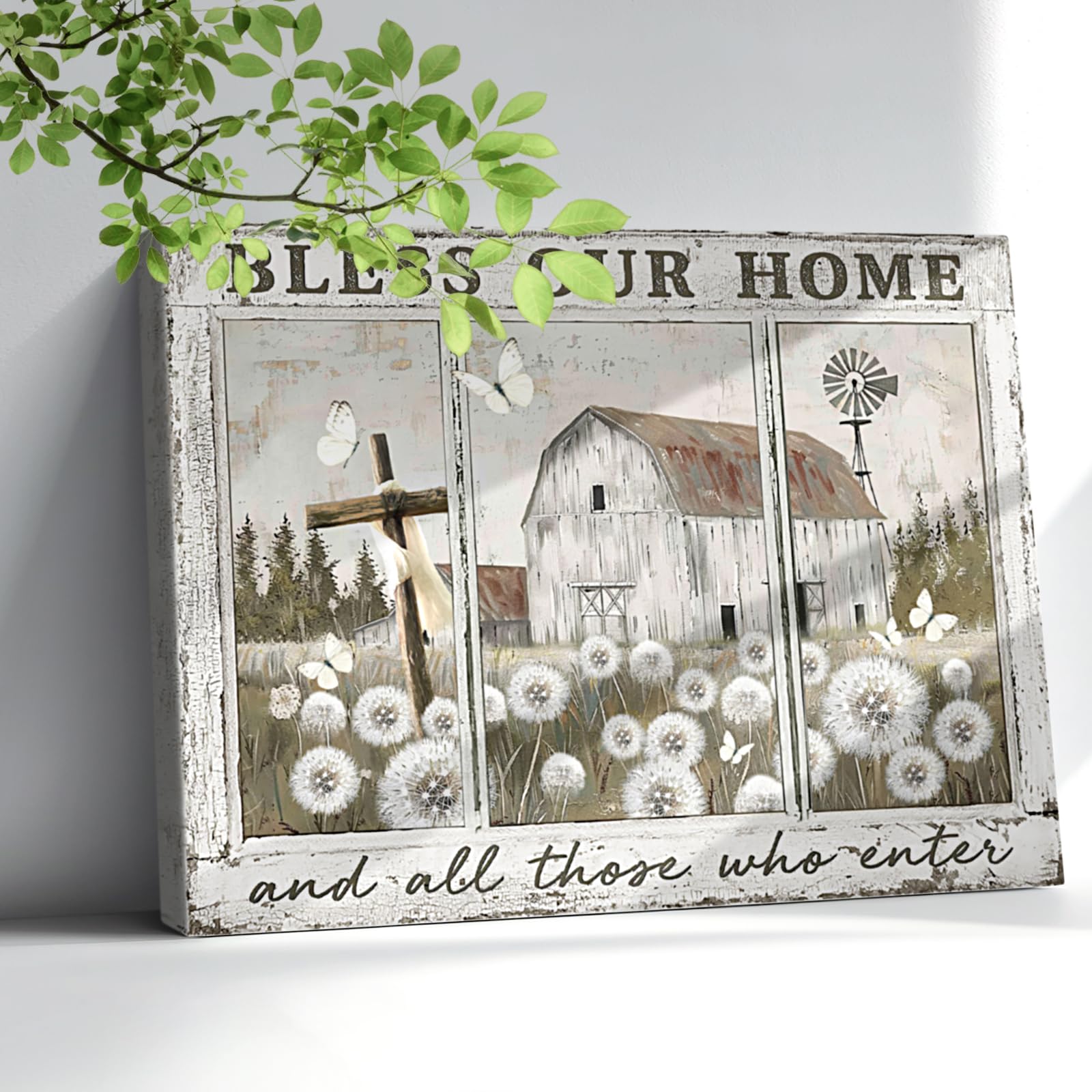 Christian Bible Verses Farm Wall Art Farmhouse Rustic Scripture Bathroom Pictures Canvas Country Barn Dandelion Wall Decor Painting Modern Decoration Framed Artwork for Bedroom 12"x16"