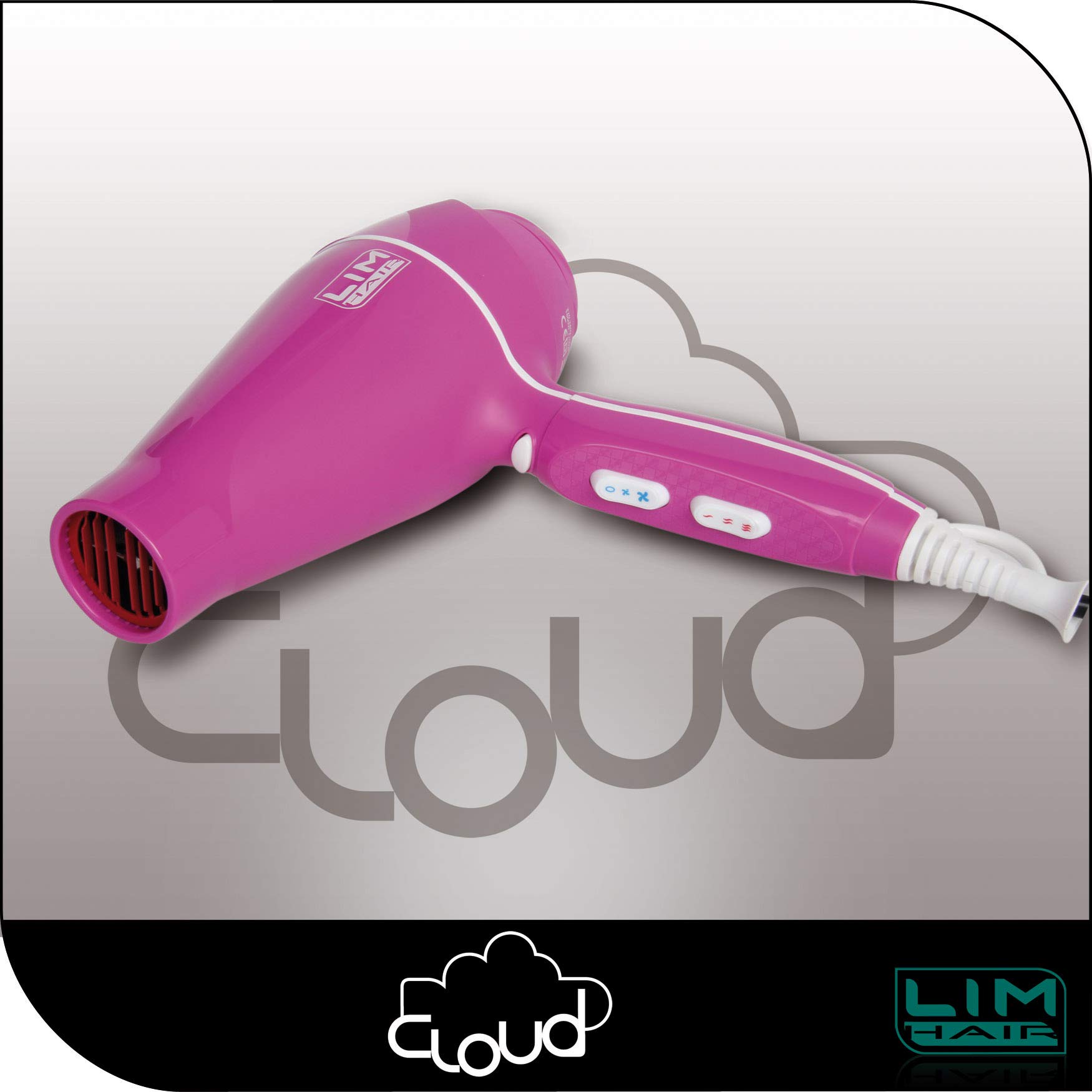 Secador de cabello LIM HAIR CLOUD especialmente LIGERO para uso PROFESIONAL, de alta potencia 2200 W. IONIC TOURMALINE. Con 2 boquillas y 6 opciones de uso (FUCSIA)