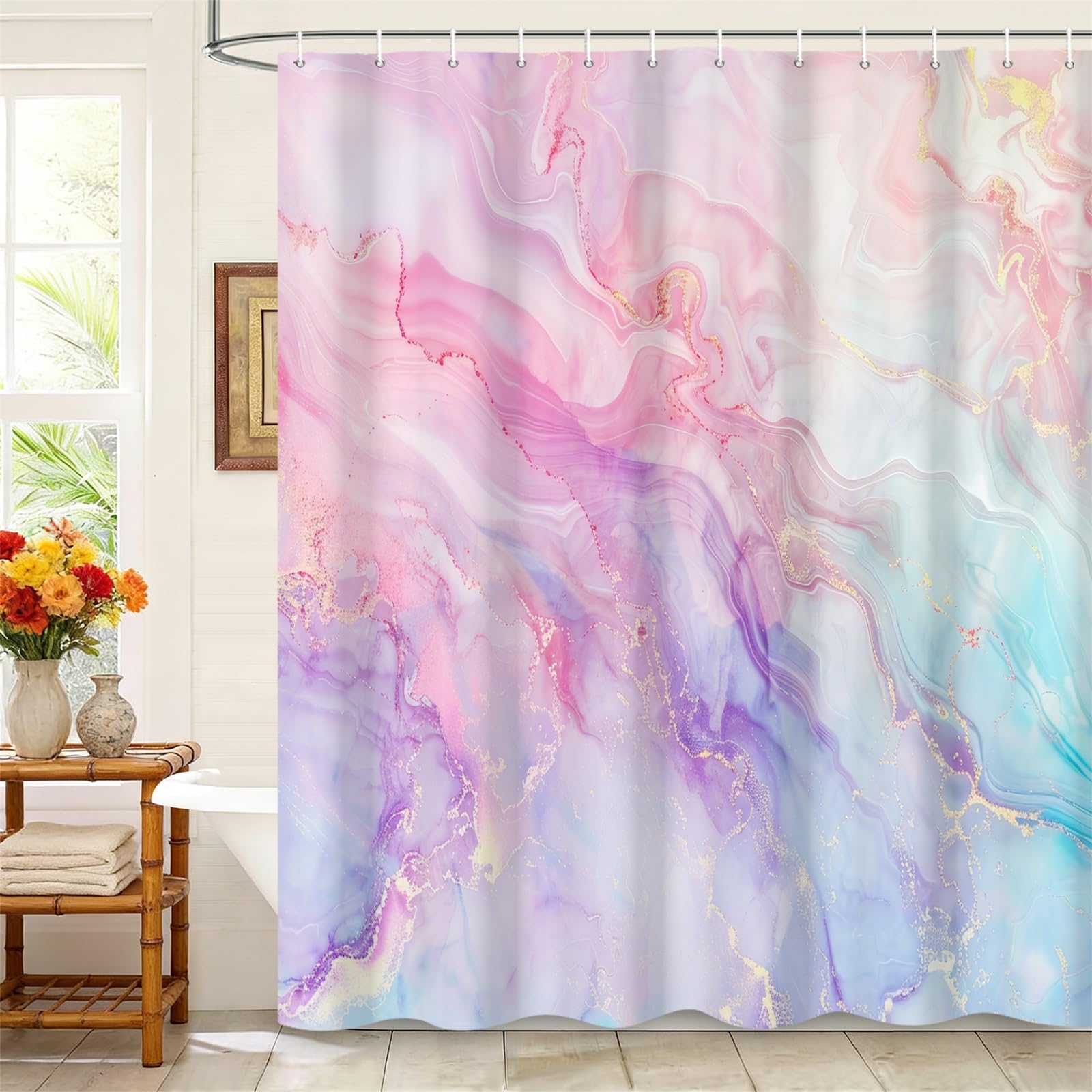Kzzfqxb 165x180cm Shower Curtains with Plastic Hooks, Waterproof Occluded Modern Art Pink Purple Watercolor Flowing Smoke Marble Pattern for Bathtub, Polyester Bath Bathroom Romantic Decoration