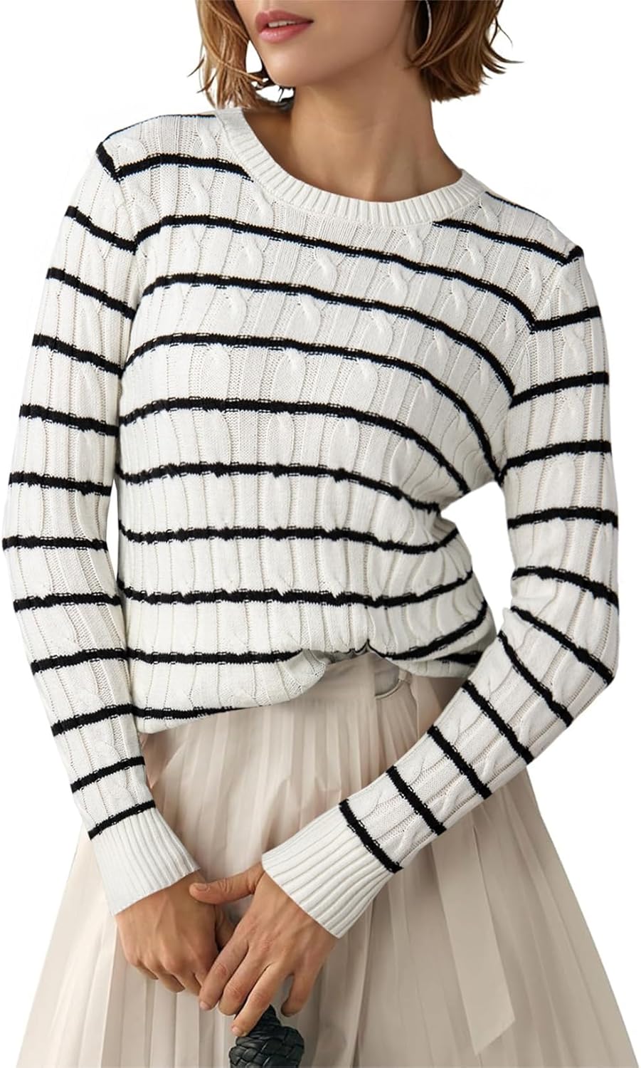 EVALESS Womens Cable Knitted Old Money Pullover Sweater Crewneck Business Casual Long Sleeve Tops