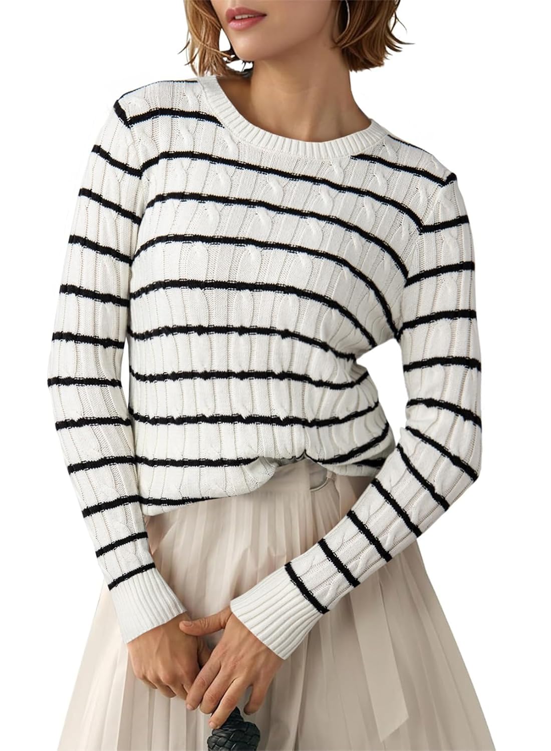 EVALESS Womens Cable Knitted Old Money Pullover Sweater Crewneck Business Casual Long Sleeve Tops