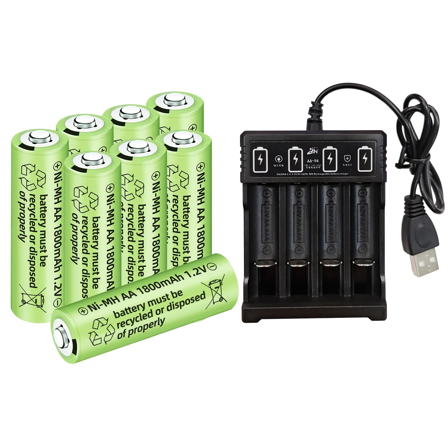 8PCS 1.2V 1800mAh Ni-MH AA Rechargeable Battery with 4 Slot USB Charger for Wireless Microphones, Electric Toys, Remote Mice, Calculators, Razors, Keyboards (8PCS Battery+Charger)