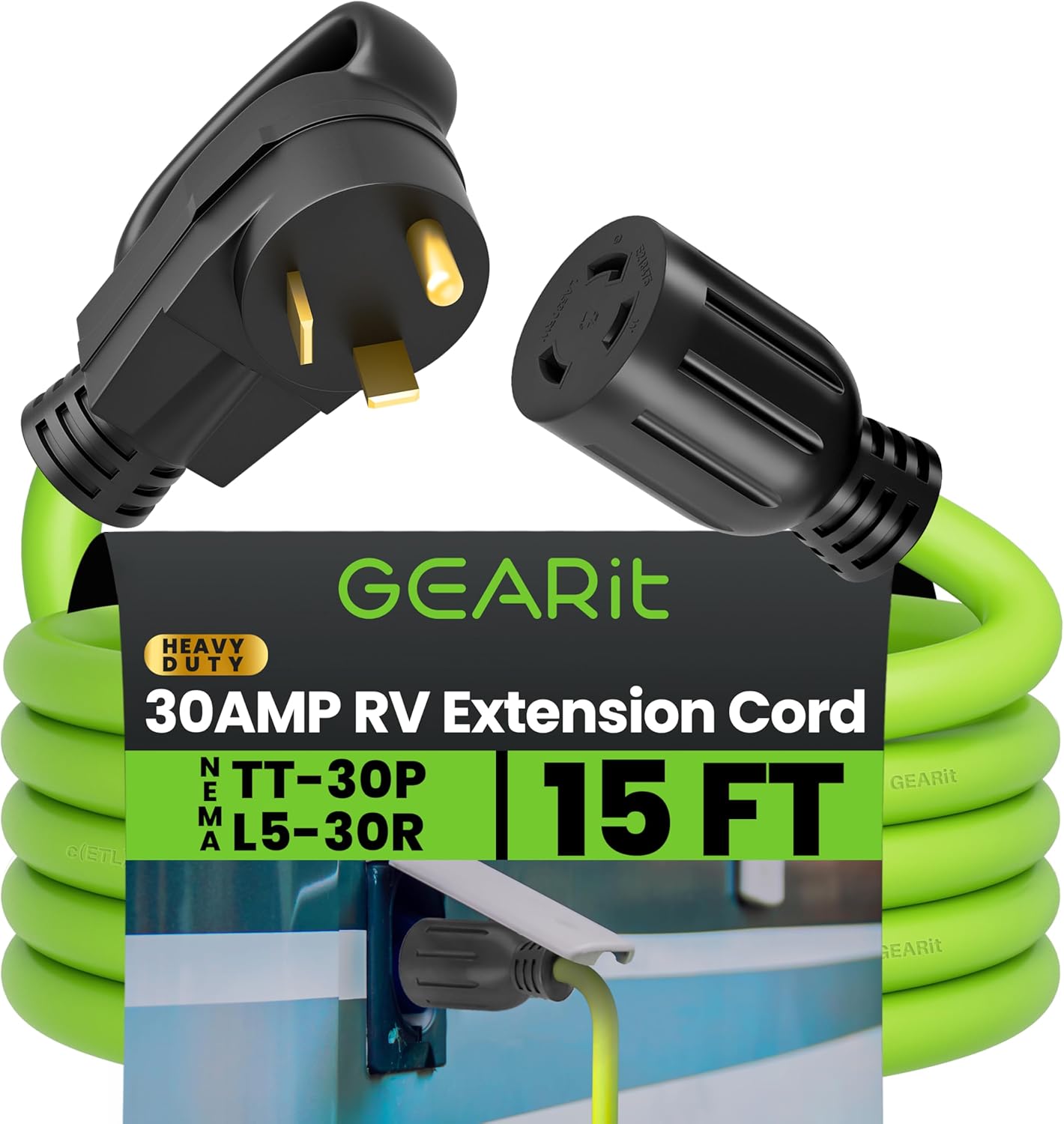 30 Amp RV Extension Cord, GEARit (15 Feet) 3-Prong 125/250-Volt 10/3 STW 10AWG Gauge SJTW Locking Cable, NEMA TT-30P to L5-30R, RV Outdoor Camper Trailer Portable Generator Power Cord- 15ft