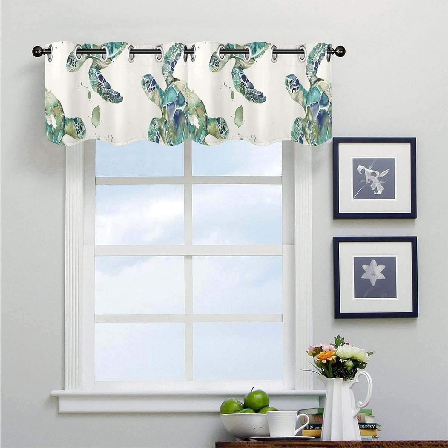 Green Sea Turtle Valance for Windows, 2 Pack Kitchen Curtains Modern Home Decor, Soft Blackout Window Curtains for Living Room & Bedroom, 18 X 52 Inch
