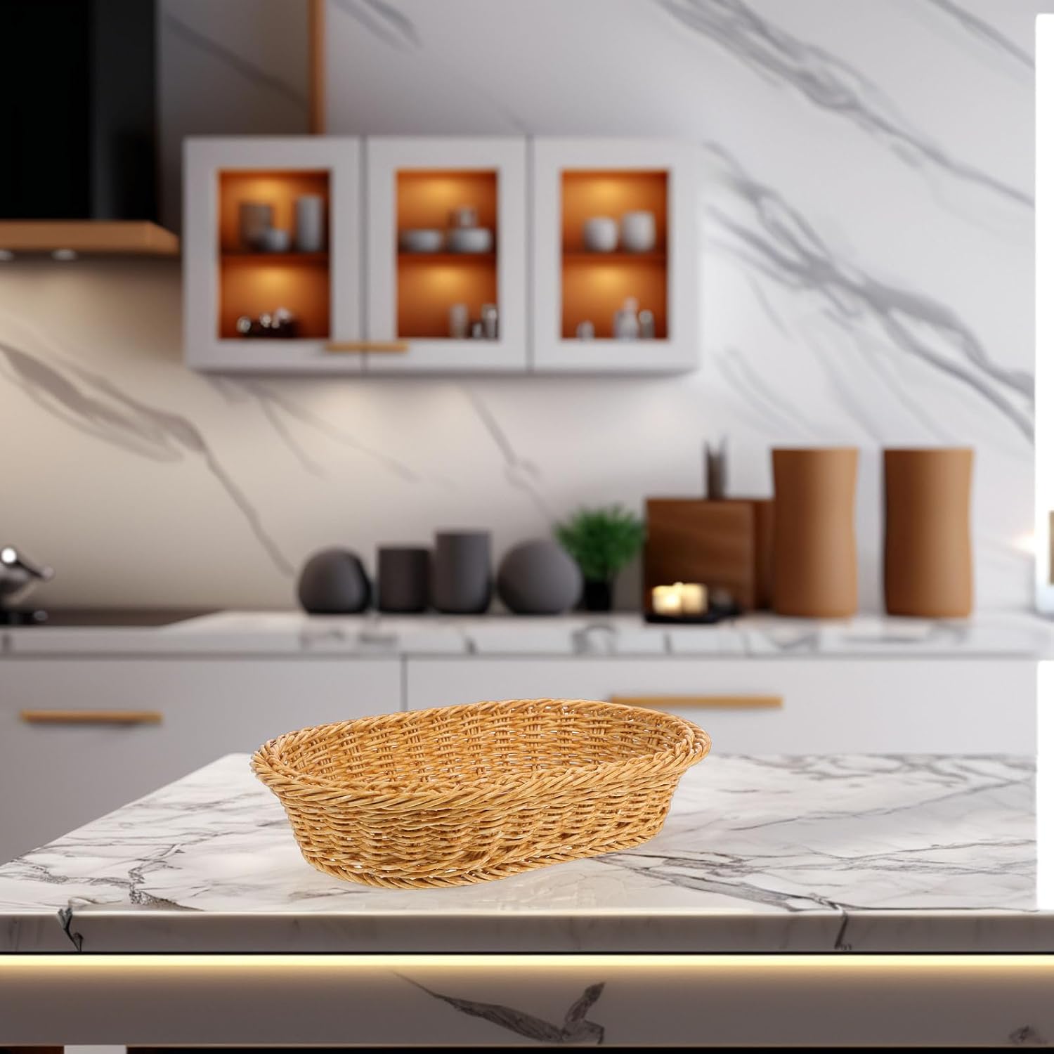 Alasum Plastic Woven Oval Bread Basket 27x18x6.5cm Rectangular Fruit Serving Tray Storage Basket for Kitchen Restaurant Food Display
