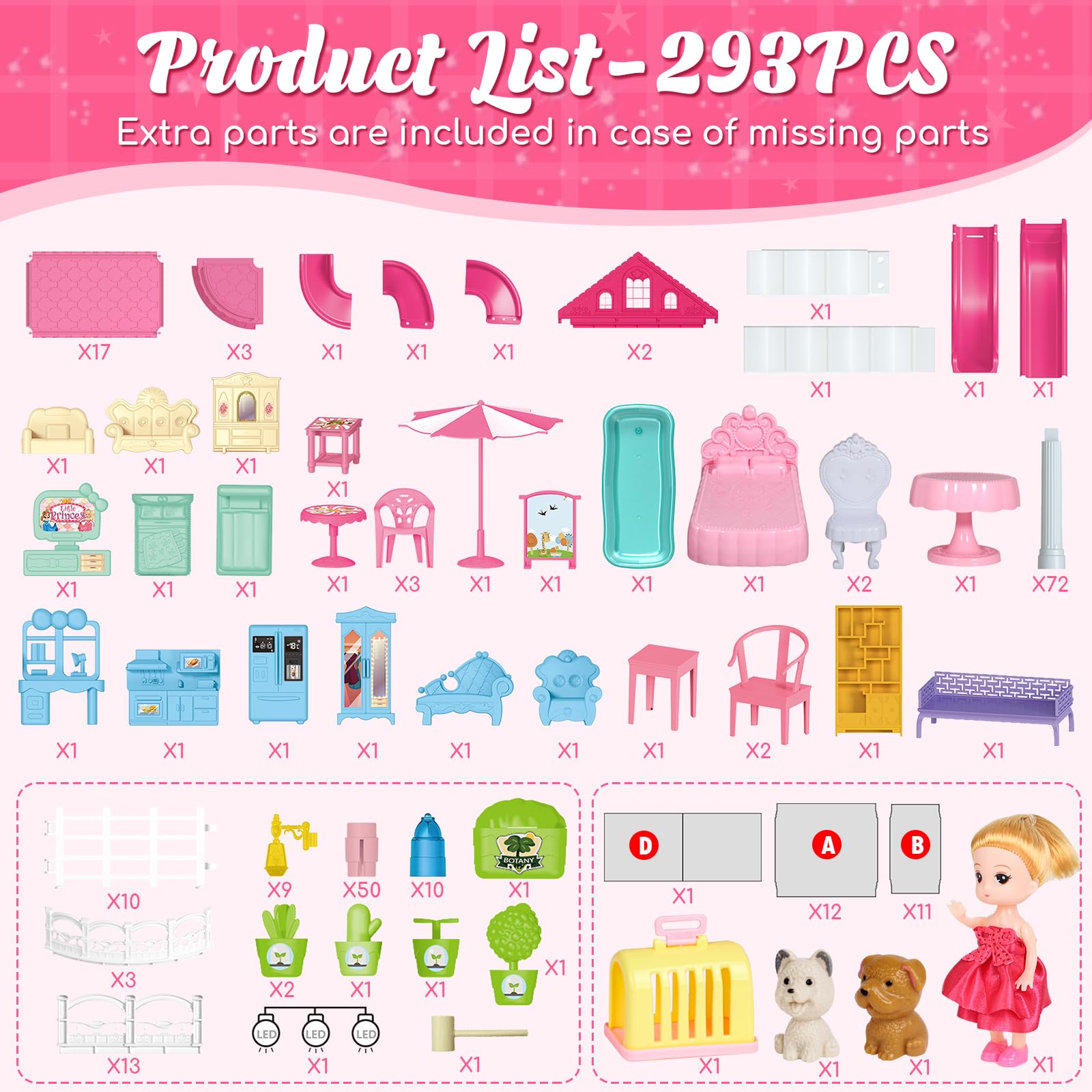 Lehoo Castle Doll House Dreamhome, 4-Story 12 Rooms Dollhouse Playhouse with Doll and Furniture, Pretend Dream Dollhouse Playset Pink Girl Toys, Sturdy Construction, Easy to Move, Ideal Gift Toy