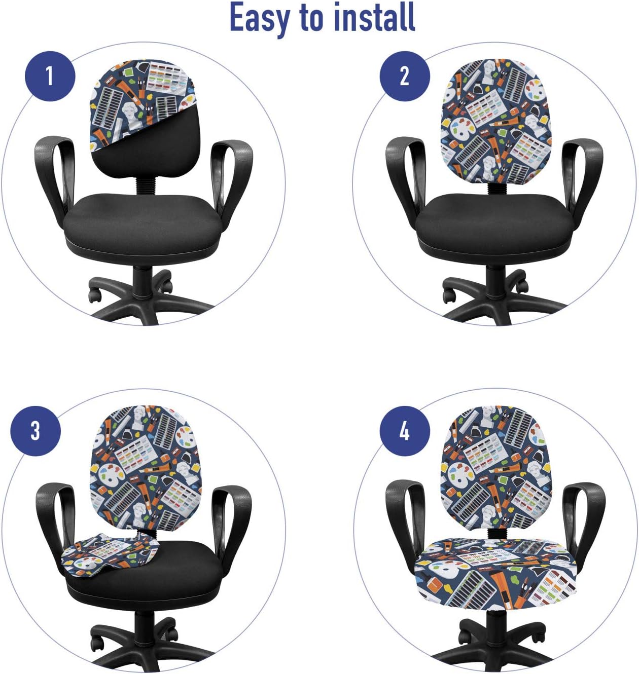 Ambesonne Colorful Office Chair Slipcover, Artist Supplies and Gypsum Head Palette Brushes Sculptures Paintbrush Pattern, Protective Stretch Decorative Fabric Cover, Standard Size, Grey Blue