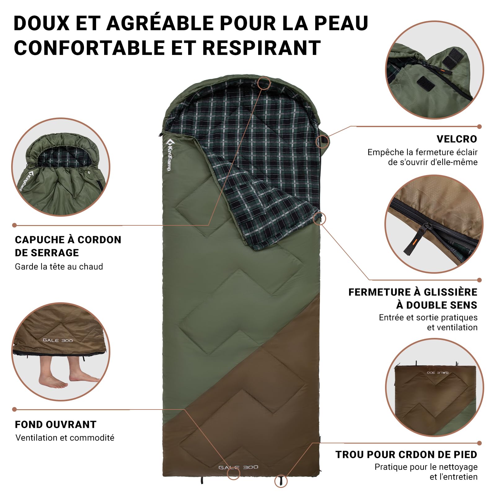 KingCamp Saco de Dormir Adulto XXL de Franela de Algodón, 230 x 90 cm, Cálido, para 3 o 4 Sstaciones, para Acampar y Viajes, con Capucha y Saco de Compresión.