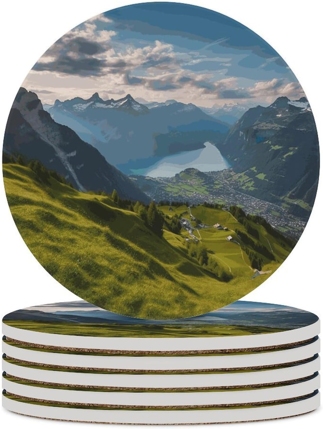6PCS Switzerland Alps Coasters Non-Slip Round Drink Coasters with Ceramic Stone and Cork Base, Heat Resistant Absorbent 33.00Stone Coaster Set for Kinds of Mugs and Cups, 4 Inch