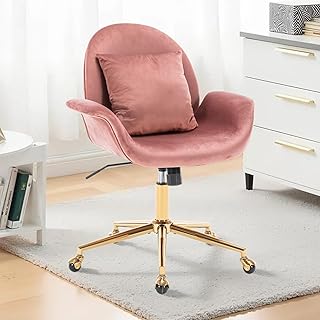 Home Office Chair,Modern Velvet Desk Chair Swivel Vanity Armchair with Pillow,Upholstered Accent Chair with Gold Base for Girls Women,Ergonomic Study Seat for Living Room(Pink)