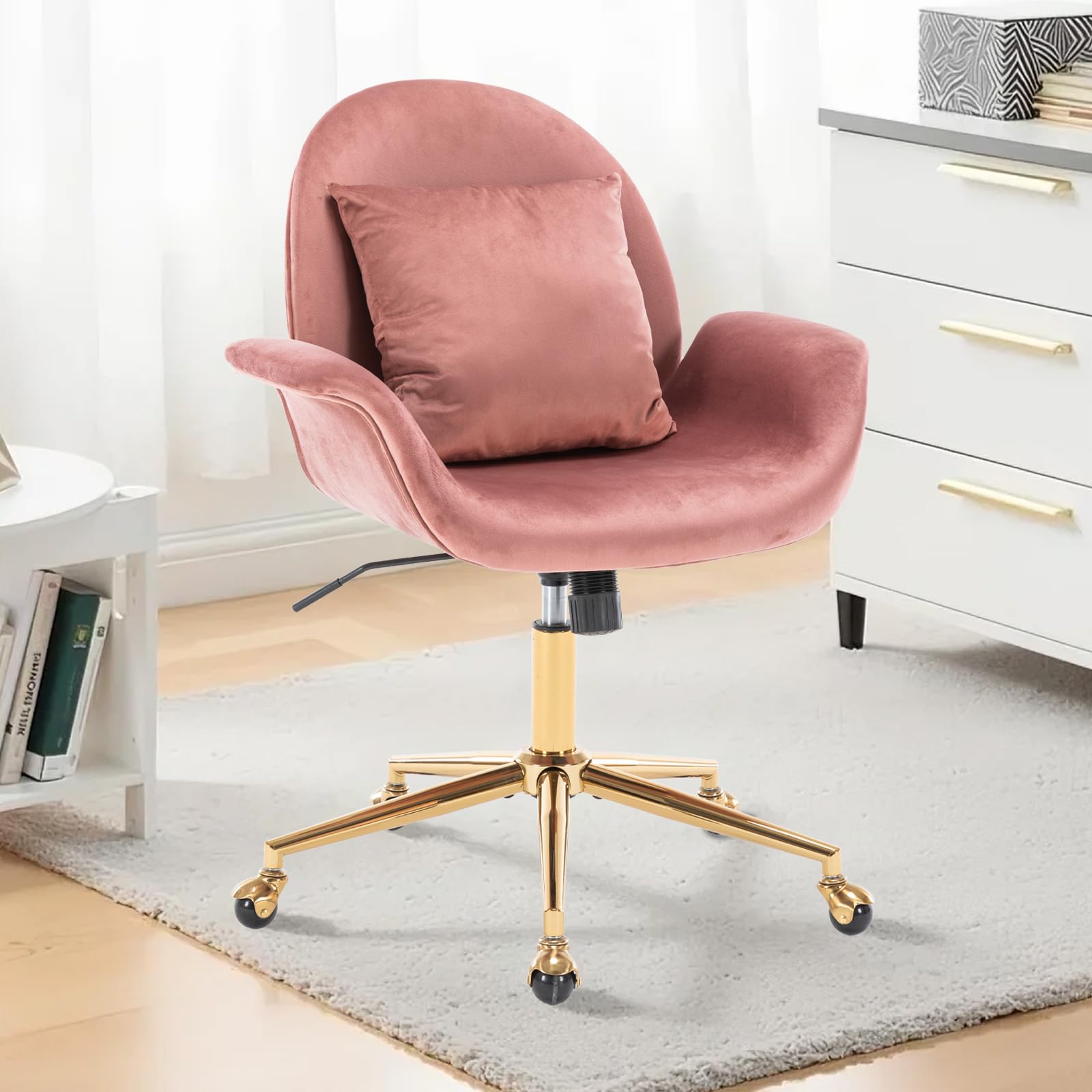 Soxiar Home Office Chair,Modern Velvet Desk Chair Swivel Vanity Armchair with Pillow,Upholstered Accent Chair with Gold Base for Girls Women,Ergonomic
