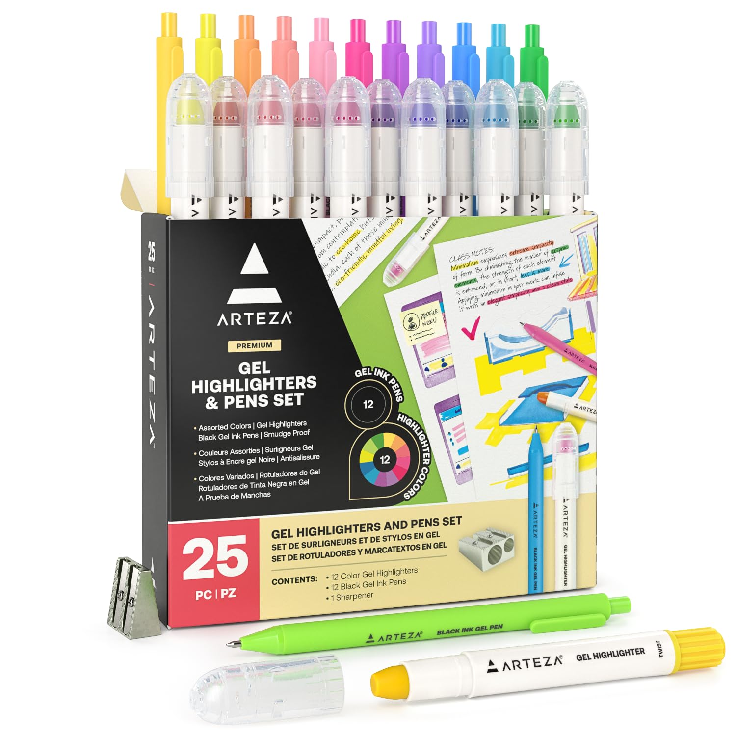 ARTEZA Gel Highlighters and Black Pens – 24-Pack with Sharpener, Smudge-Free, No-Bleed, for Thin Pages, Journaling, Note-Taking, School and Office Use