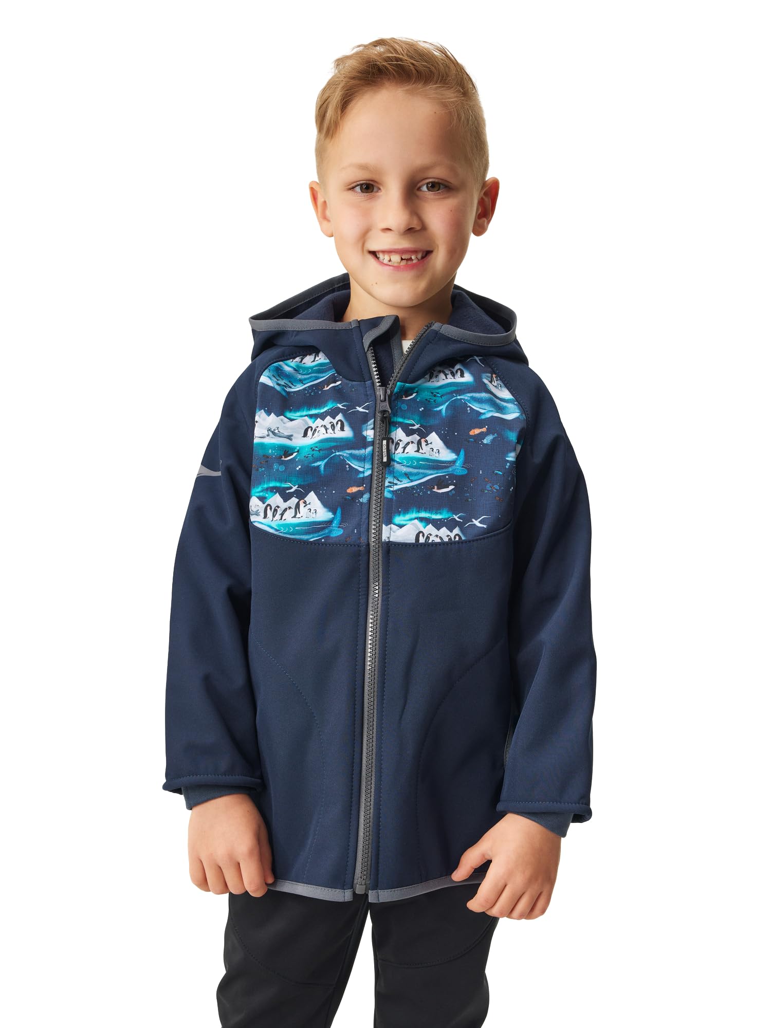 Dziecięca kurtka softshell z polaru Basic, ciemnoniebiesko-czarna, pingwiny, ciemnoniebieski czarny, 80-86