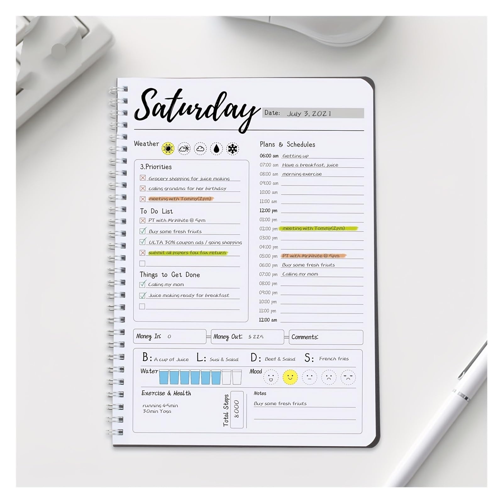 Inspirierendes Notizbuch 2-teiliges undatiertes 7-Tage-Wochenplaner-Notizbuch mit stündlichem Essensplan, Ausgaben-Tracker und Wasseraufnahme-Tracker.