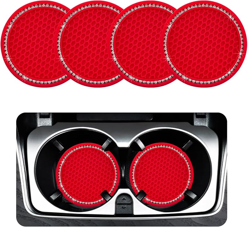 Ziciner Kit com 4 Porta-C الد? Copos para Carro em Silicone com Strass, Vermelho e Branco