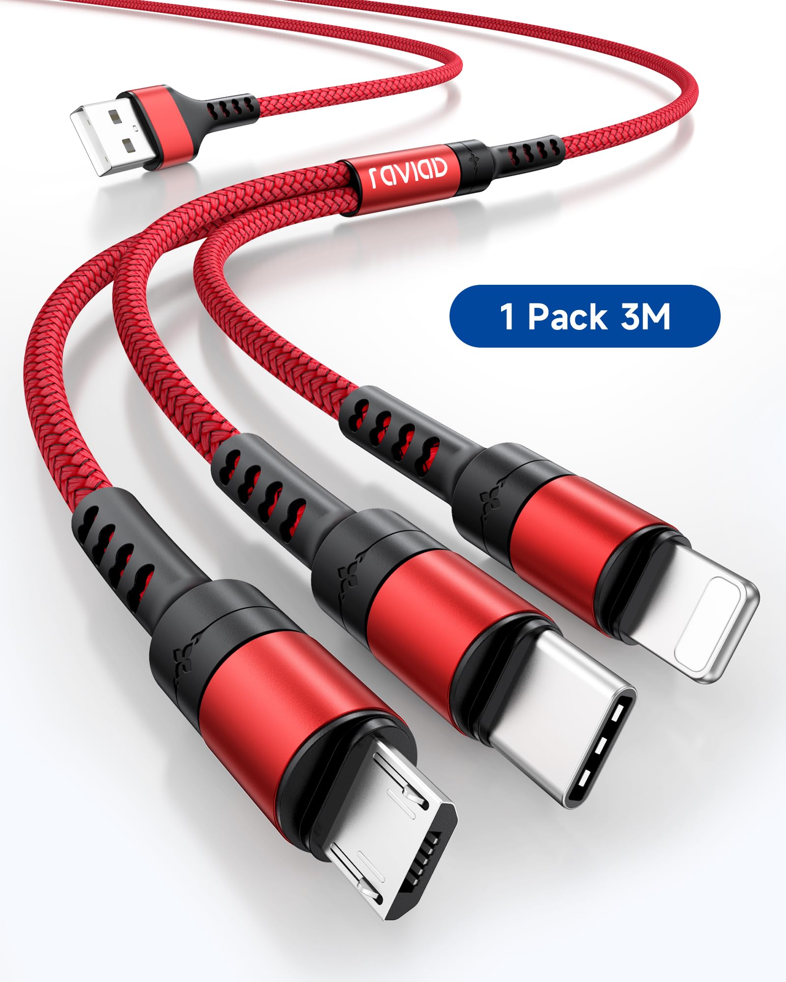 RAVIAD Cavo Multi USB 3 in 1 Multi Caricatore USB Cavo in Nylon Intrecciato con Micro USB Tipo C Lightning Connettori per iPhone, Samsung Galaxy, Honor, Android, Wiko, Kindle 3M