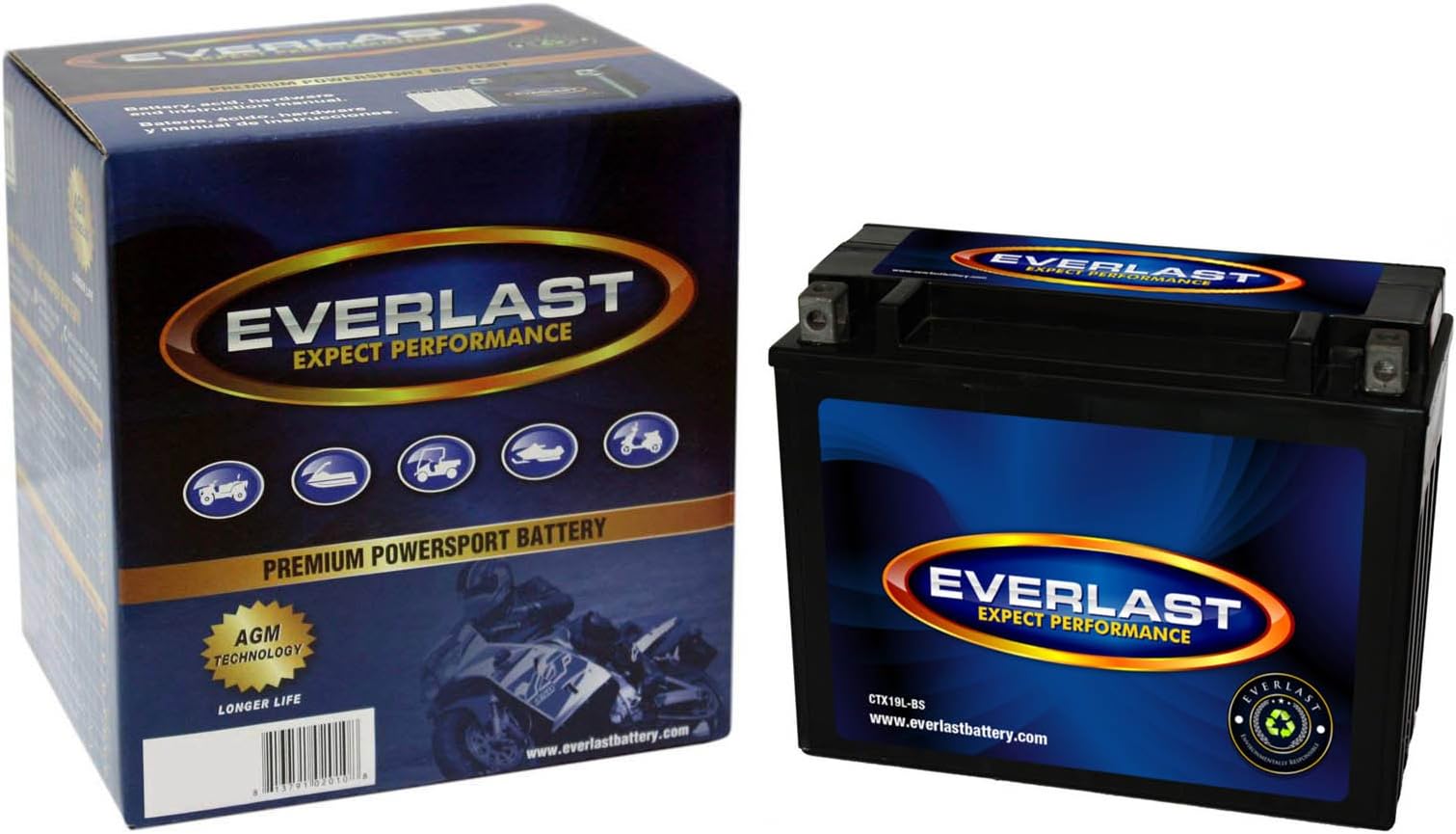 EverLast CTX19L-BS 12V AGM Battery (Fresh Pack, Maintenance-Free Battery with Acid 6-Pack Bottle -6 7/8 L X 3 15/16 W X 6 3/16 H)
