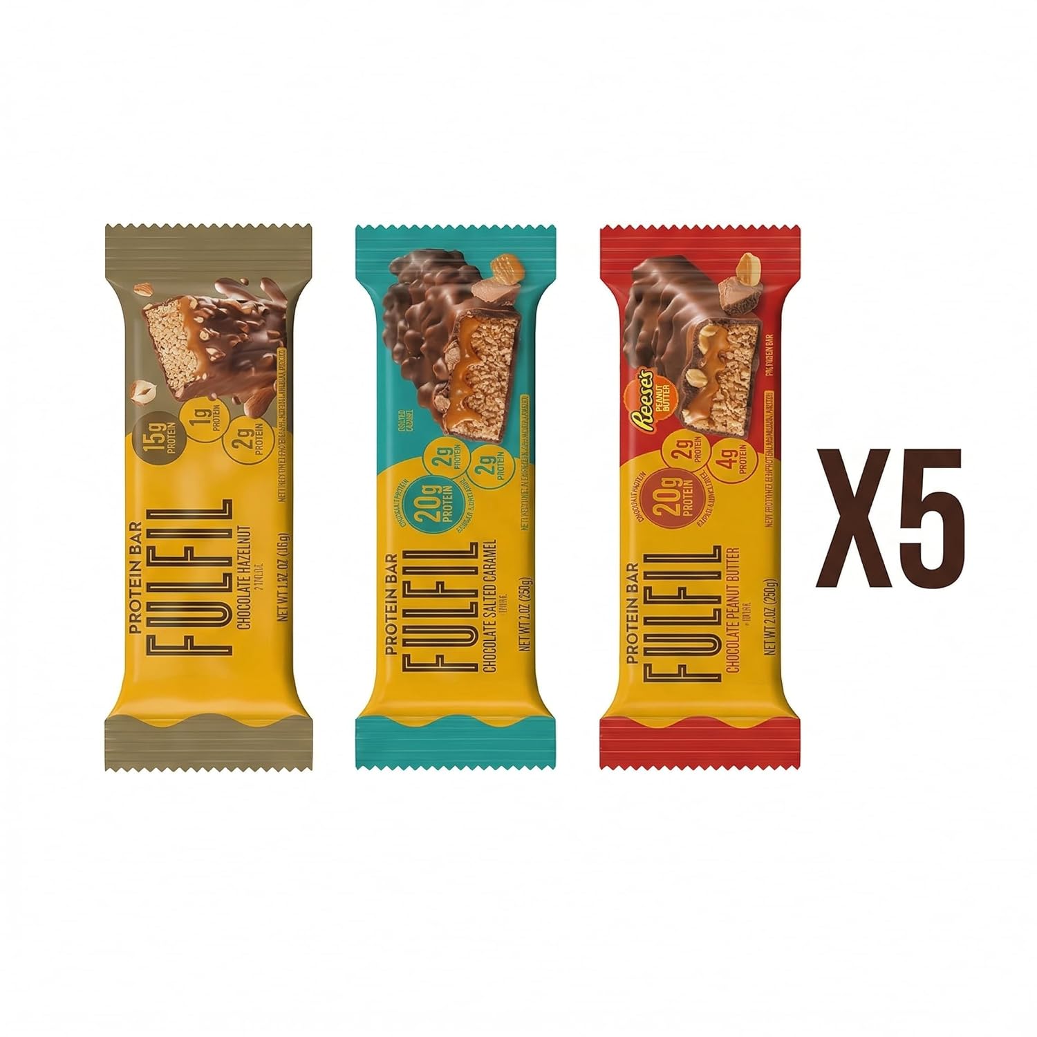 Fulfil Protein Bar Variety Pack (15 Count) – Chocolate Hazelnut, Chocolate Salted Caramel & Chocolate Peanut Butter – High Protein Snack Bars for On-the-Go Energy, Workout Recovery & Healthy Snacking
