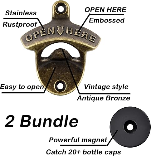 Miniatura 2 de Abrebotellas magnético vintage montado en la pared, abridor de tapas de botellas de cerveza de bronce antiguo inoxidable con tapa magnética montado
