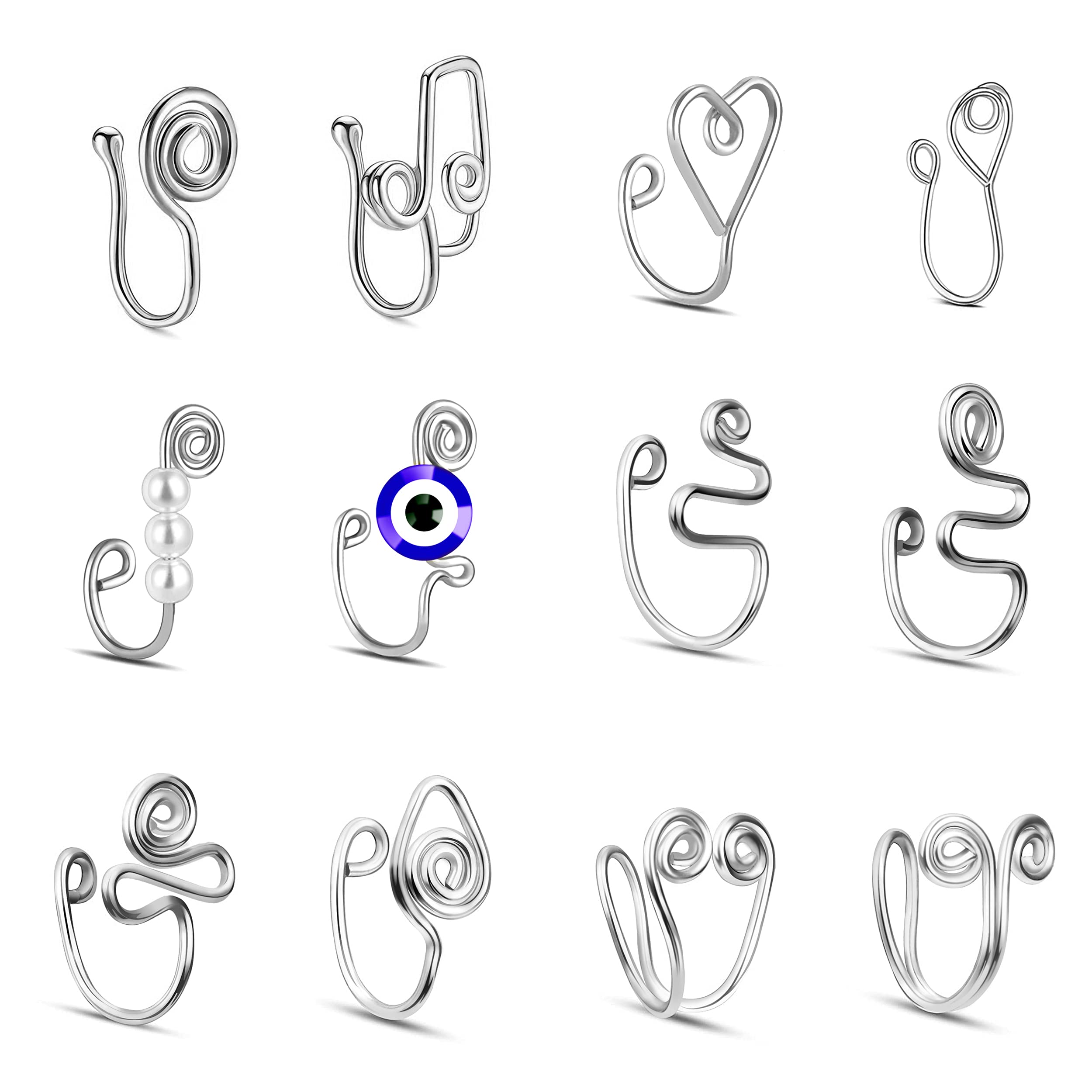 Nose Cuff,Nose Ring Non Piercing,Geometric Adjustable Nose Ring Clip,Faux African Unique Nose Ear Cuff Jewelry,Fake Septum Ring for Women Men,12Pcs