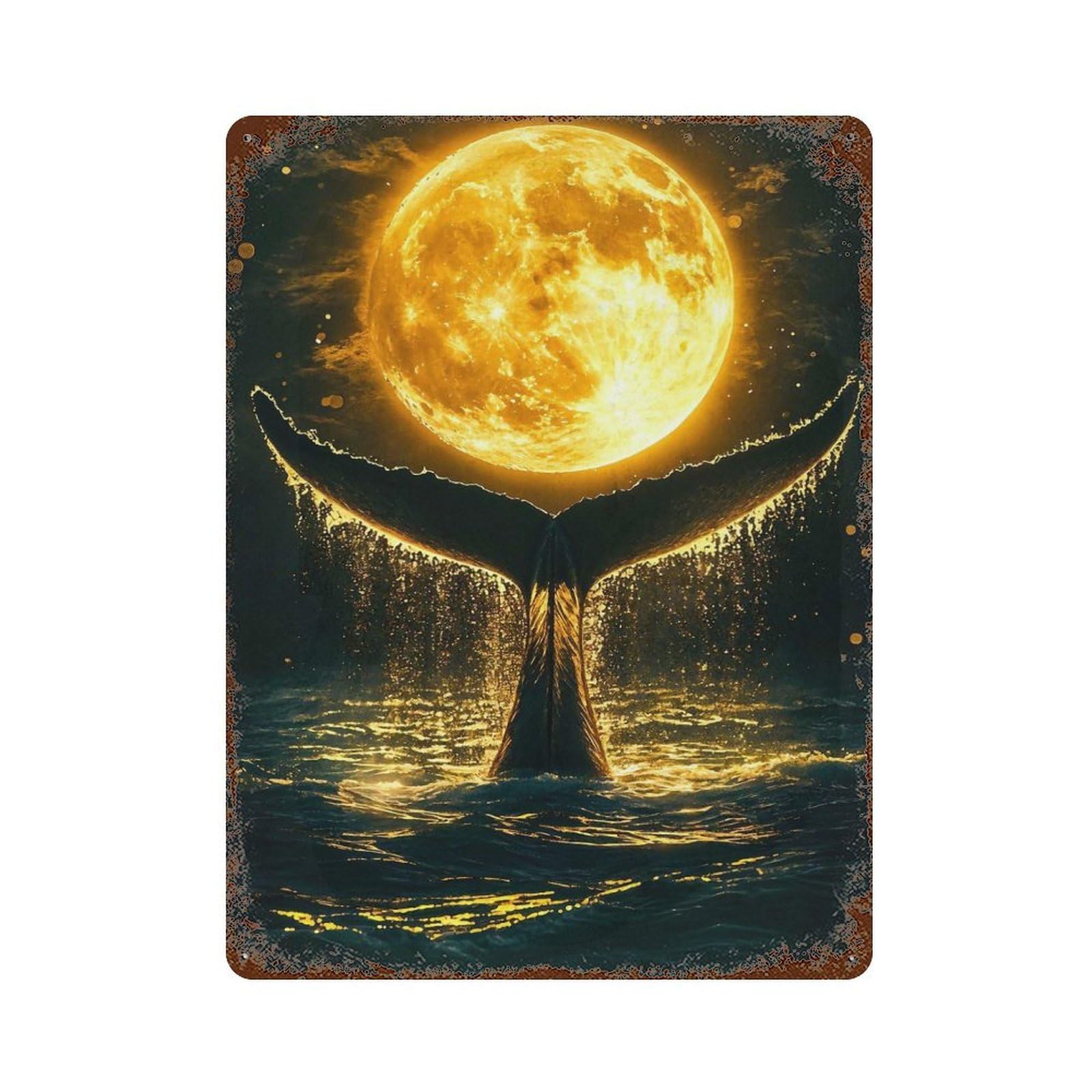 Garage Style Whale Tail And Full Moon Distressed Metal Wall Sign 15.7"x11.8", Novelty Wall Decor for Bar And Workshop